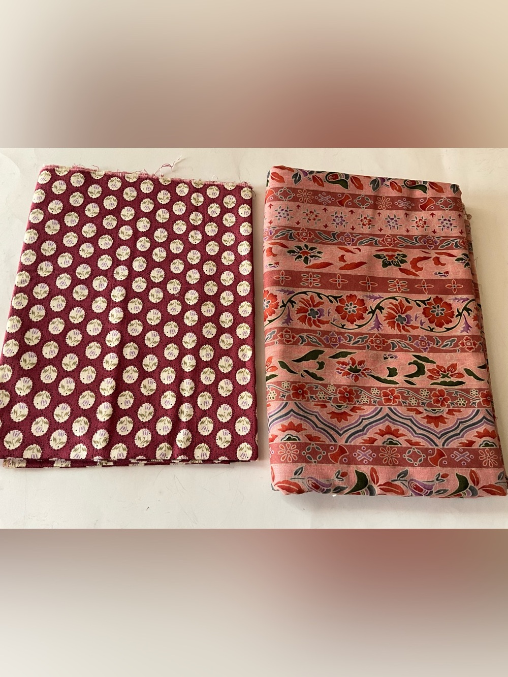 Cotton Quilting Sewing Fabric Lot 2 Pink Floral Stripe & Burgundy Floral